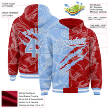 Загрузить изображение в средство просмотра галереи, Custom Graffiti Pattern Light Blue Red-White Scratch Bomber Full-Snap Varsity Letterman Hoodie Jacket