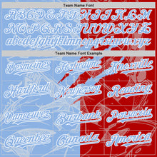 Загрузить изображение в средство просмотра галереи, Custom Graffiti Pattern Light Blue Red-White Scratch Bomber Full-Snap Varsity Letterman Hoodie Jacket