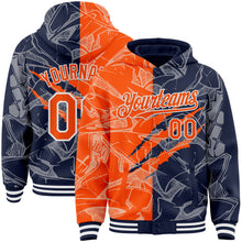 Загрузить изображение в средство просмотра галереи, Custom Graffiti Pattern Orange Navy-White Scratch Bomber Full-Snap Varsity Letterman Hoodie Jacket