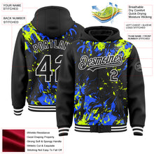 Charger l'image dans la galerie, Custom Black Neon Green Royal-White Splash 3D Pattern Design Bomber Full-Snap Varsity Letterman Hoodie Jacket