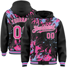 Load image into Gallery viewer, Custom Black Pink Light Blue-White Splash 3D Pattern Design Bomber Full-Snap Varsity Letterman Hoodie Jacket