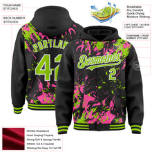 Laden Sie das Bild in den Galerie-Viewer, Custom Black Neon Green Pink-White Splash 3D Pattern Design Bomber Full-Snap Varsity Letterman Hoodie Jacket