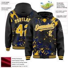 Load image into Gallery viewer, Custom Black Gold Royal-White Splash 3D Pattern Design Bomber Full-Snap Varsity Letterman Hoodie Jacket