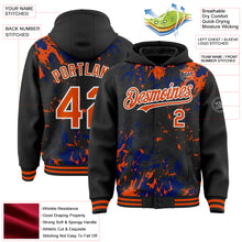 Load image into Gallery viewer, Custom Black Orange Royal-White Splash 3D Pattern Design Bomber Full-Snap Varsity Letterman Hoodie Jacket