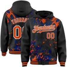 Load image into Gallery viewer, Custom Black Orange Royal-White Splash 3D Pattern Design Bomber Full-Snap Varsity Letterman Hoodie Jacket