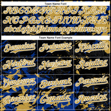 Load image into Gallery viewer, Custom Black Old Gold Royal-White Splash 3D Pattern Design Bomber Full-Snap Varsity Letterman Hoodie Jacket