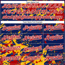 Load image into Gallery viewer, Custom Royal Red Gold-White Splash 3D Pattern Design Bomber Full-Snap Varsity Letterman Hoodie Jacket