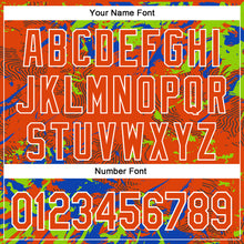 Load image into Gallery viewer, Custom Orange Neon Green Thunder Blue-White Splash 3D Pattern Design Bomber Full-Snap Varsity Letterman Hoodie Jacket