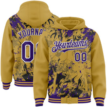 Charger l'image dans la galerie, Custom Old Gold Purple Black-White Splash 3D Pattern Design Bomber Full-Snap Varsity Letterman Hoodie Jacket