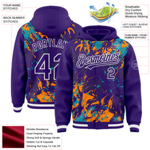 Load image into Gallery viewer, Custom Purple Teal Bay Orange-White Splash 3D Pattern Design Bomber Full-Snap Varsity Letterman Hoodie Jacket