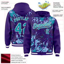 Загрузить изображение в средство просмотра галереи, Custom Purple Teal Light Blue-White Splash 3D Pattern Design Bomber Full-Snap Varsity Letterman Hoodie Jacket