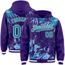 Загрузить изображение в средство просмотра галереи, Custom Purple Teal Light Blue-White Splash 3D Pattern Design Bomber Full-Snap Varsity Letterman Hoodie Jacket