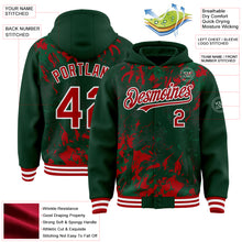 Laden Sie das Bild in den Galerie-Viewer, Custom Green Red Kelly Green-White Splash 3D Pattern Design Bomber Full-Snap Varsity Letterman Hoodie Jacket