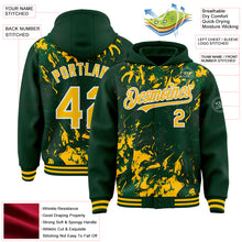 Laden Sie das Bild in den Galerie-Viewer, Custom Green Gold Kelly Green-White Splash 3D Pattern Design Bomber Full-Snap Varsity Letterman Hoodie Jacket