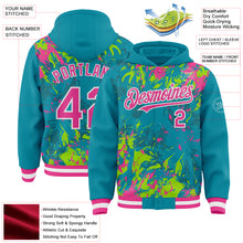 Laden Sie das Bild in den Galerie-Viewer, Custom Teal Pink Neon Green-White Splash 3D Pattern Design Bomber Full-Snap Varsity Letterman Hoodie Jacket
