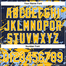 Load image into Gallery viewer, Custom Navy Gold Light Blue-White Splash 3D Pattern Design Bomber Full-Snap Varsity Letterman Hoodie Jacket