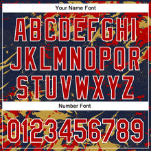 Загрузить изображение в средство просмотра галереи, Custom Navy Red Old Gold-White Splash 3D Pattern Design Bomber Full-Snap Varsity Letterman Hoodie Jacket