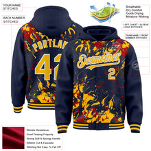 Load image into Gallery viewer, Custom Navy Gold Red-White Splash 3D Pattern Design Bomber Full-Snap Varsity Letterman Hoodie Jacket