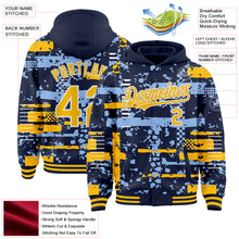 Load image into Gallery viewer, Custom Navy Gold Light Blue-White Abstract Fragment Shape 3D Pattern Design Bomber Full-Snap Varsity Letterman Hoodie Jacket