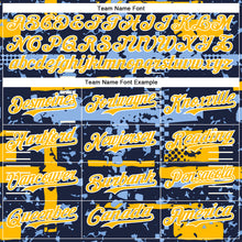 Load image into Gallery viewer, Custom Navy Gold Light Blue-White Abstract Fragment Shape 3D Pattern Design Bomber Full-Snap Varsity Letterman Hoodie Jacket