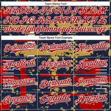 Load image into Gallery viewer, Custom Navy Red Old Gold-White Abstract Fragment Shape 3D Pattern Design Bomber Full-Snap Varsity Letterman Hoodie Jacket