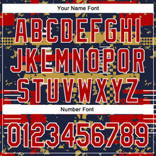 Load image into Gallery viewer, Custom Navy Red Old Gold-White Abstract Fragment Shape 3D Pattern Design Bomber Full-Snap Varsity Letterman Hoodie Jacket