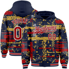 Load image into Gallery viewer, Custom Navy Red Old Gold-White Abstract Fragment Shape 3D Pattern Design Bomber Full-Snap Varsity Letterman Hoodie Jacket