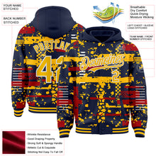 Load image into Gallery viewer, Custom Navy Gold Red-White Abstract Fragment Shape 3D Pattern Design Bomber Full-Snap Varsity Letterman Hoodie Jacket