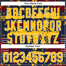 Load image into Gallery viewer, Custom Navy Gold Crimson-White Abstract Fragment Shape 3D Pattern Design Bomber Full-Snap Varsity Letterman Hoodie Jacket