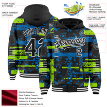 Charger l'image dans la galerie, Custom Black Neon Green Blue-White Abstract Fragment Shape 3D Pattern Design Bomber Full-Snap Varsity Letterman Hoodie Jacket
