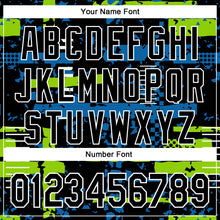 Charger l'image dans la galerie, Custom Black Neon Green Blue-White Abstract Fragment Shape 3D Pattern Design Bomber Full-Snap Varsity Letterman Hoodie Jacket