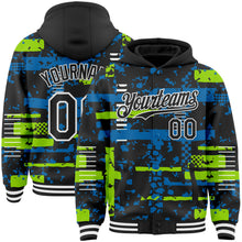 Charger l'image dans la galerie, Custom Black Neon Green Blue-White Abstract Fragment Shape 3D Pattern Design Bomber Full-Snap Varsity Letterman Hoodie Jacket