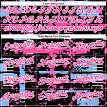 Laden Sie das Bild in den Galerie-Viewer, Custom Black Pink Light Blue-White Abstract Fragment Shape 3D Pattern Design Bomber Full-Snap Varsity Letterman Hoodie Jacket