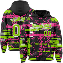 Загрузить изображение в средство просмотра галереи, Custom Black Neon Green Pink-White Abstract Fragment Shape 3D Pattern Design Bomber Full-Snap Varsity Letterman Hoodie Jacket