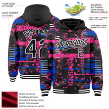 Charger l'image dans la galerie, Custom Black Thunder Blue Pink-White Abstract Fragment Shape 3D Pattern Design Bomber Full-Snap Varsity Letterman Hoodie Jacket