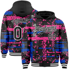 Charger l'image dans la galerie, Custom Black Thunder Blue Pink-White Abstract Fragment Shape 3D Pattern Design Bomber Full-Snap Varsity Letterman Hoodie Jacket