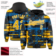 Load image into Gallery viewer, Custom Black Gold Blue-White Abstract Fragment Shape 3D Pattern Design Bomber Full-Snap Varsity Letterman Hoodie Jacket