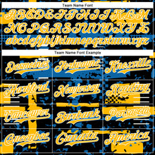 Load image into Gallery viewer, Custom Black Gold Blue-White Abstract Fragment Shape 3D Pattern Design Bomber Full-Snap Varsity Letterman Hoodie Jacket