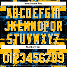 Load image into Gallery viewer, Custom Black Gold Blue-White Abstract Fragment Shape 3D Pattern Design Bomber Full-Snap Varsity Letterman Hoodie Jacket