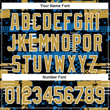 Charger l'image dans la galerie, Custom Black Old Gold Blue-White Abstract Fragment Shape 3D Pattern Design Bomber Full-Snap Varsity Letterman Hoodie Jacket