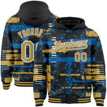 Charger l'image dans la galerie, Custom Black Old Gold Blue-White Abstract Fragment Shape 3D Pattern Design Bomber Full-Snap Varsity Letterman Hoodie Jacket