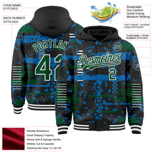 Load image into Gallery viewer, Custom Black Kelly Green Blue-White Abstract Fragment Shape 3D Pattern Design Bomber Full-Snap Varsity Letterman Hoodie Jacket