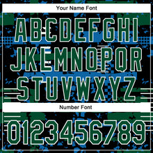 Load image into Gallery viewer, Custom Black Kelly Green Blue-White Abstract Fragment Shape 3D Pattern Design Bomber Full-Snap Varsity Letterman Hoodie Jacket