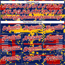 Load image into Gallery viewer, Custom Royal Red Gold-White Abstract Fragment Shape 3D Pattern Design Bomber Full-Snap Varsity Letterman Hoodie Jacket