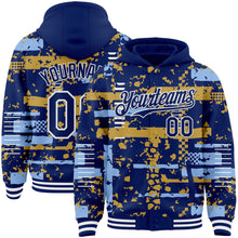 Charger l'image dans la galerie, Custom Royal Light Blue Old Gold-White Abstract Fragment Shape 3D Pattern Design Bomber Full-Snap Varsity Letterman Hoodie Jacket