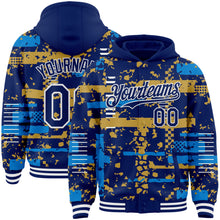 Load image into Gallery viewer, Custom Royal Powder Blue Old Gold-White Abstract Fragment Shape 3D Pattern Design Bomber Full-Snap Varsity Letterman Hoodie Jacket