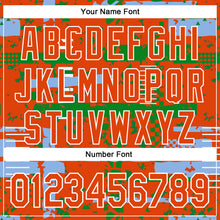 Charger l'image dans la galerie, Custom Orange Light Blue Grass Green-White Abstract Fragment Shape 3D Pattern Design Bomber Full-Snap Varsity Letterman Hoodie Jacket