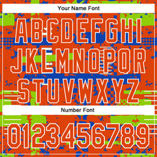 Charger l'image dans la galerie, Custom Orange Neon Green Thunder Blue-White Abstract Fragment Shape 3D Pattern Design Bomber Full-Snap Varsity Letterman Hoodie Jacket