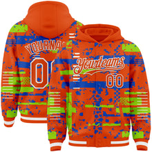 Charger l'image dans la galerie, Custom Orange Neon Green Thunder Blue-White Abstract Fragment Shape 3D Pattern Design Bomber Full-Snap Varsity Letterman Hoodie Jacket
