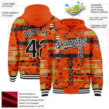Load image into Gallery viewer, Custom Orange Black Old Gold-White Abstract Fragment Shape 3D Pattern Design Bomber Full-Snap Varsity Letterman Hoodie Jacket